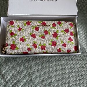 Michael Kors Cream Wallet with Red and Green Floral Design